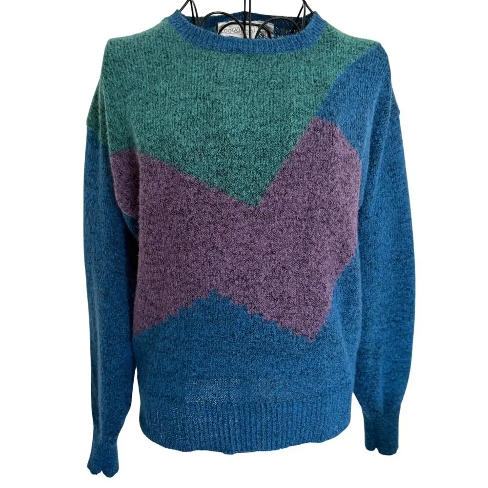 Vintage 80's Loo & Boo Heather Wool Blend Color Block Striped Pullover Sweater